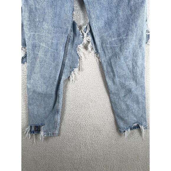 American Eagle Mom Jeans Womens sz 00 Regular Light Wash Blue Distressed Ripped - Picture 11 of 16
